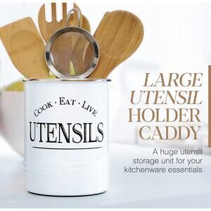 White Metal Utensil Holder Crock Farmhouse Kitchen Counter Caddy Tin